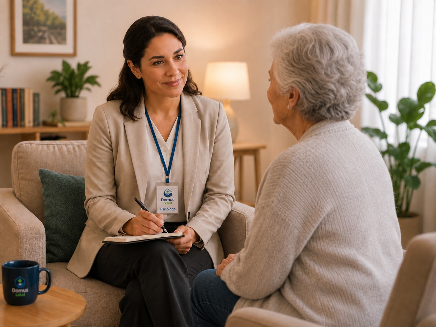 Profesional de salud mental de Domus Salud conversando con una persona mayor